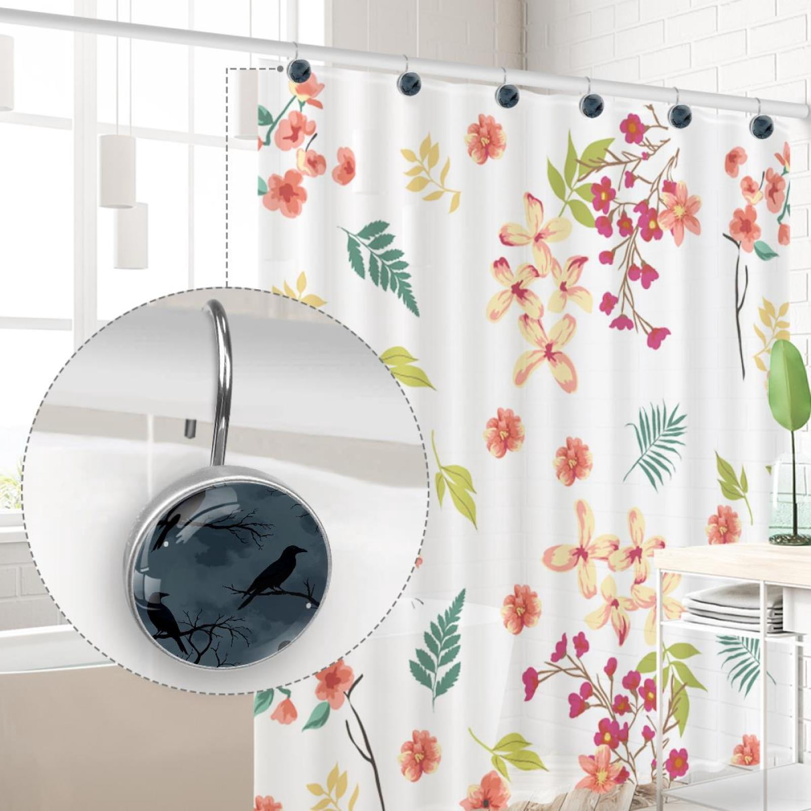 Raven Standing on Branches Shower Curtain Hooks Round Crystal Glass, Set of 12 Shower Curtain Rings - Shower Hooks for Curtain Shower Rings