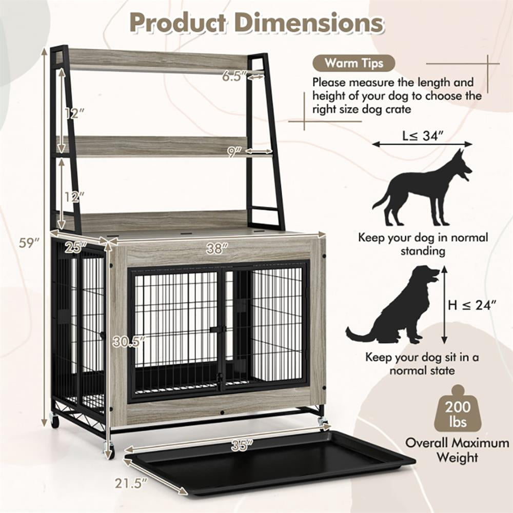 Barara King Dog House,Pet House,Industrial Dog Kennel Dog Crate Furniture with Storage Shelves-Gray