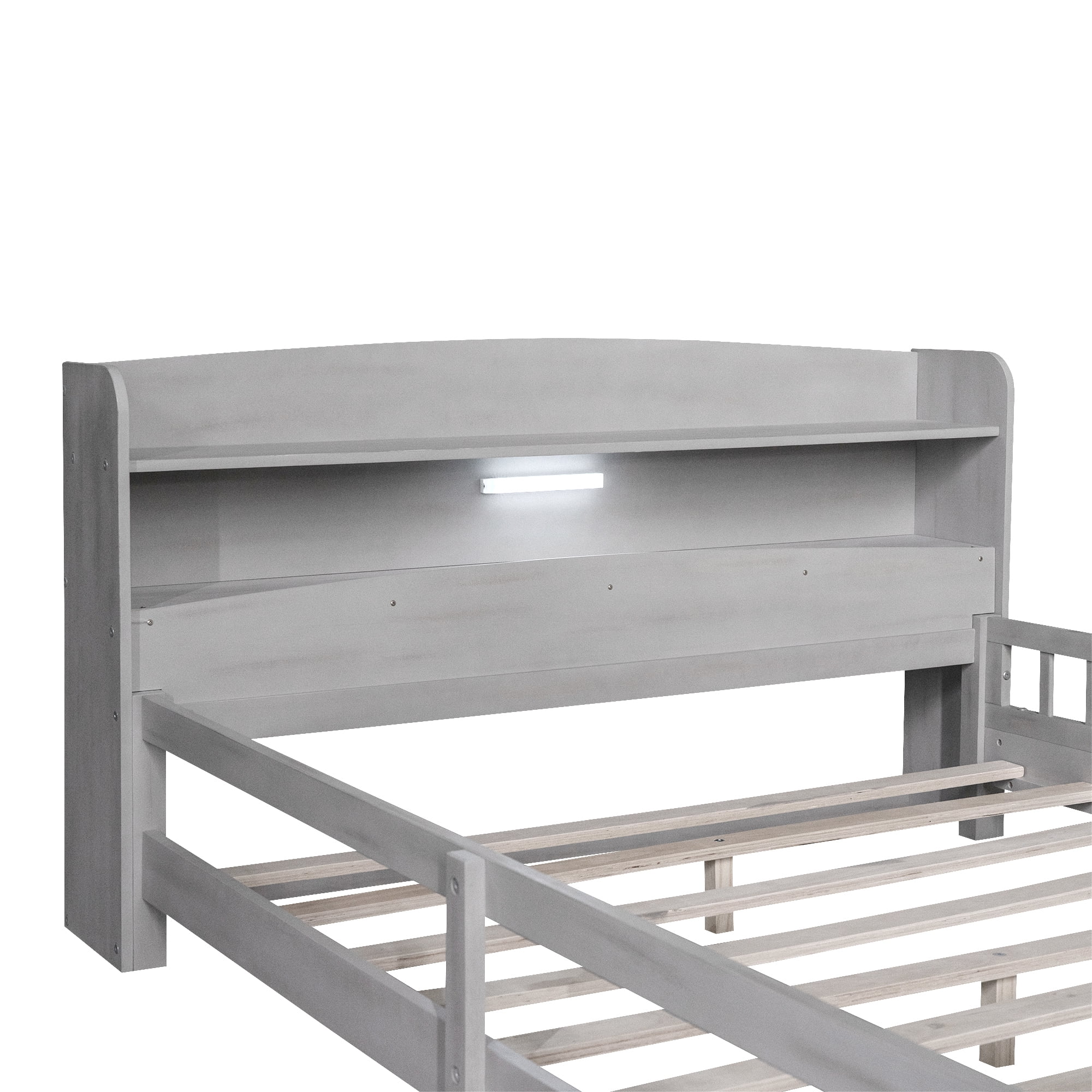 Alvantor Full Size Platform Bed with LED Light, Wood Storage Headboard and Guardrail, Antique Grey