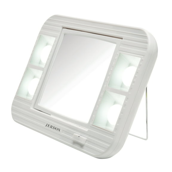 Jerdon Two-Sided Makeup Mirror with LED Lights - 5X-1X Magnification, White, Plug In or Battery - Model J1015
