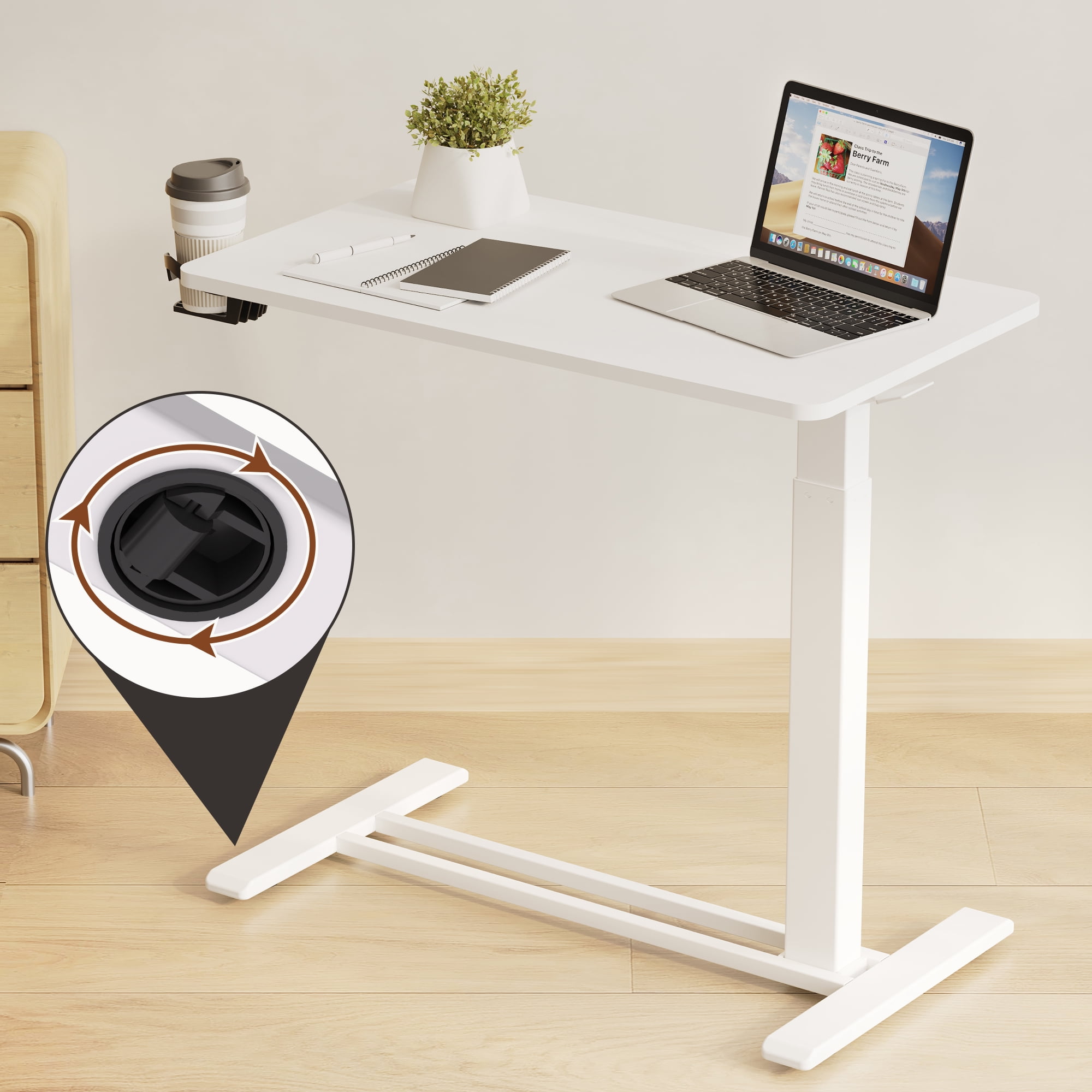 FitStand Height Adjustable Medical Bed Table with Hidden Casters, Rolling Laptop Desk with Cup Holder, Small Pneumatic Sit Stand Desk for Home Office, Sofa or Bedside Use, 32"x18", White