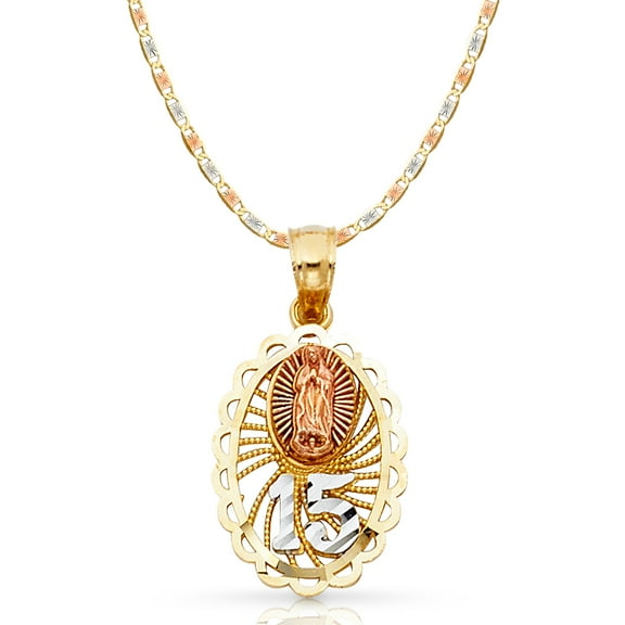 14K Tri Color Gold Sweet 15 Years Quinceanera Virgin Mary Round Charm Pendant with 2.1mm Valentino Chain Necklace