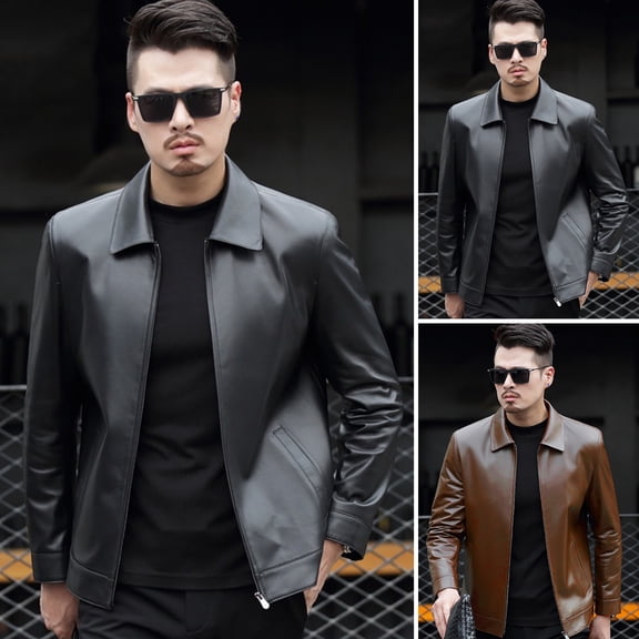 BAETEUY Men Slim Fit Jacket Faux Leather Lapel Bomber Jacket Vintage Zipper Coat Windproof Biker Motorcycle Jacket with Pockets