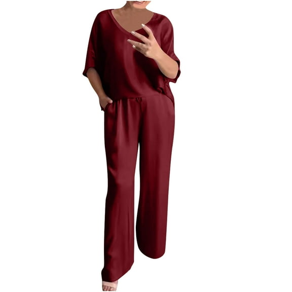 qolati Summer Pajamas for Women 2 Piece Short Sleeve Sleepwear Top Wide Leg Pant Satin Ladies Pjs Lounge Matching Set Tracksuits Trendy Clothes 2024
