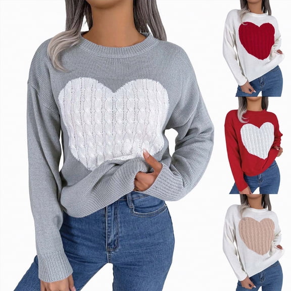 vigerkar Women's Sweater Heart Knitted Pullover Sweaters Long Sleeve Crewneck Cute Sweaters (Grey, XL)