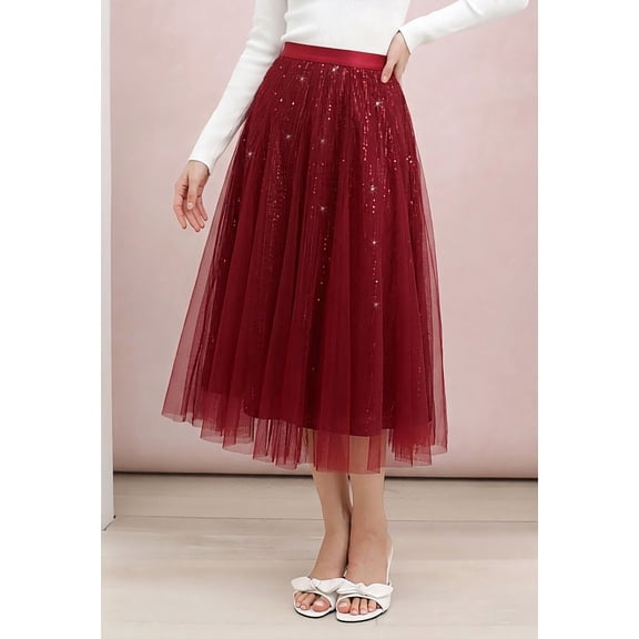 CHICWISH Sequins Tulle Skirts Elastic Waist Mesh Midi Holiday Flowy Layered Red Skirt