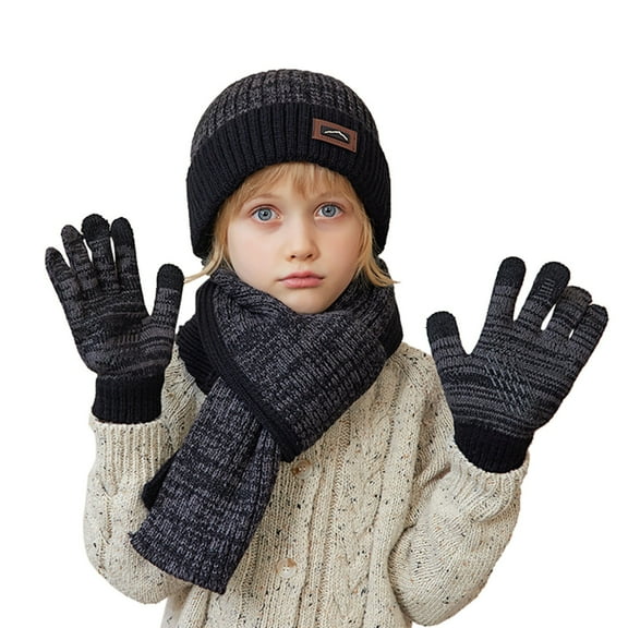 HNMKIU Kids Gloves Winter 4 to 10 Years Old Children Winter Hat Scarf and Gloves Three Piece Set Outdoor Warm and Knitted Hat for Cold Weather 02_Black,One Size