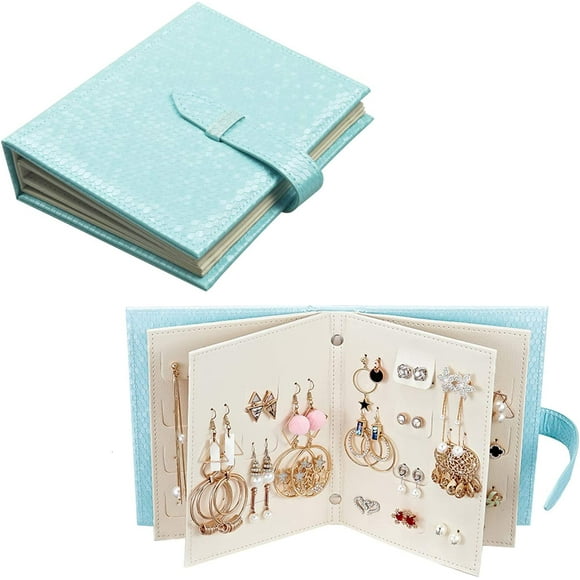 Fangoo Organisateur de Boucles d'Oreilles Design Livre Support de Boucles d'Oreilles Étui de Rangement pour Bijoux de Voyage Plateau Support, Capacité de 42 Paires (Bleu)