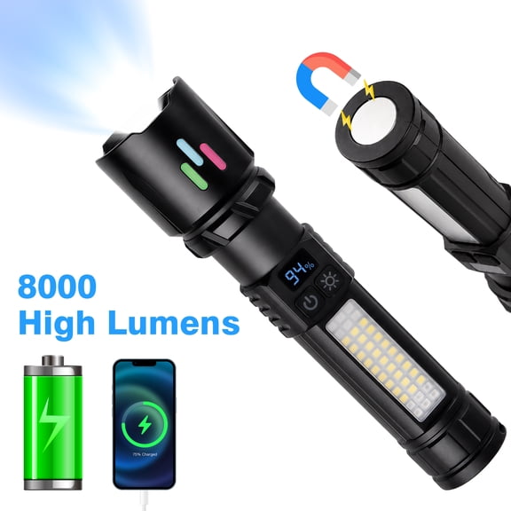 DEWEL Magnetic Flashlight,Rechargeable LED Flashlight with Zoomable with Digital Battery Display,Black