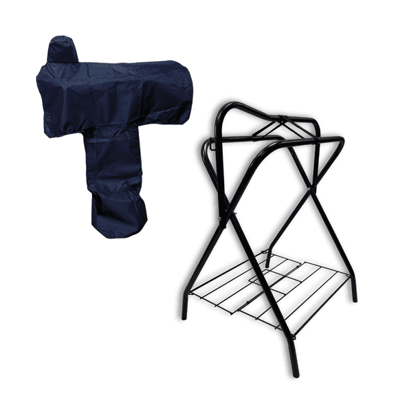 AJ Tack Freestanding Saddle Rack with Navy Blue Western Saddle Cover