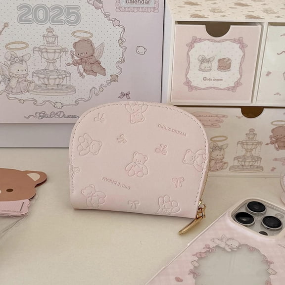 Cute PU Leather Coin Purse Small Wallet Minimalist Card Holder for Students Embossed Bear Design Multi Slot Women Wallet