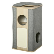 PawHut Wooden Cat Condo 3 Story Barrel Tower with Perch Removable Cover Soft Cushions Sisal Scratching Carpet, Grey