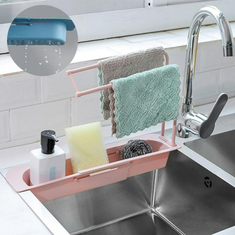 Multifunctional Telescopic Sink Storage Rack, Upgraded Adjustable Sink  Sponge Holder Expandable 2-in-1 Sink Organizer with Dish Cloth Holder,  Storage Drain Sponge Soap Holder for Home Kitchen (Pink) 