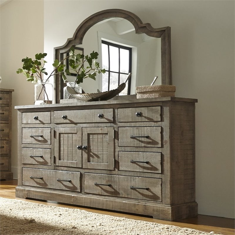 Progressive Meadow 9 Drawer Door Dresser and Mirror in Weathered Gray