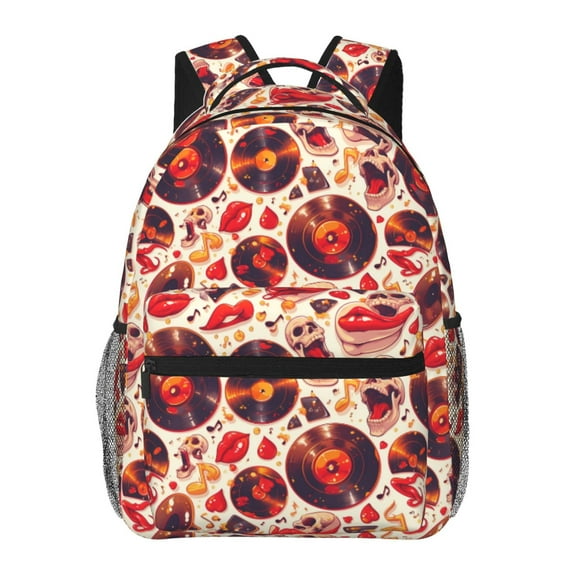 Easygdp Skull rock record music heart Mochila Ergonómica Versátil para Laptop - Múltiples Bolsillos, Correas Ajustables, Unisex para Escuela, Viajes y Actividades al Aire Libre-One Size
