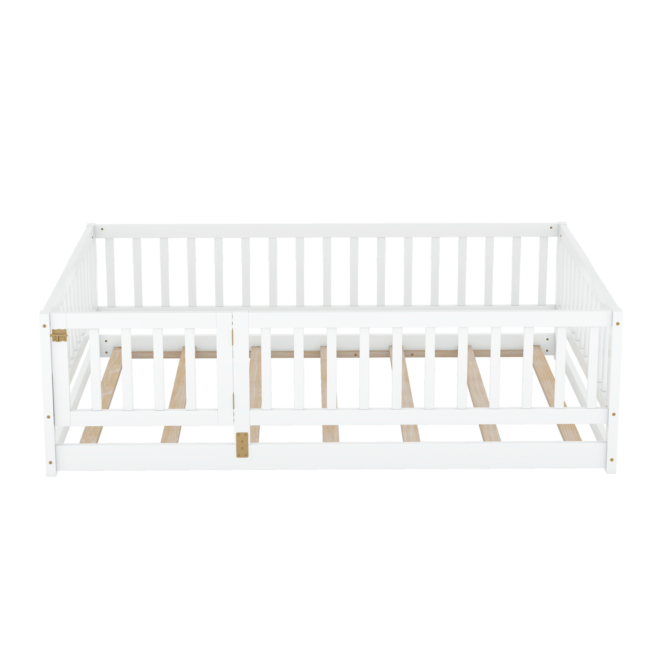 Noble House Full Size Montessori Floor Bed with Fence & Door, Wooden Kids Floor Bed with Slats, White
