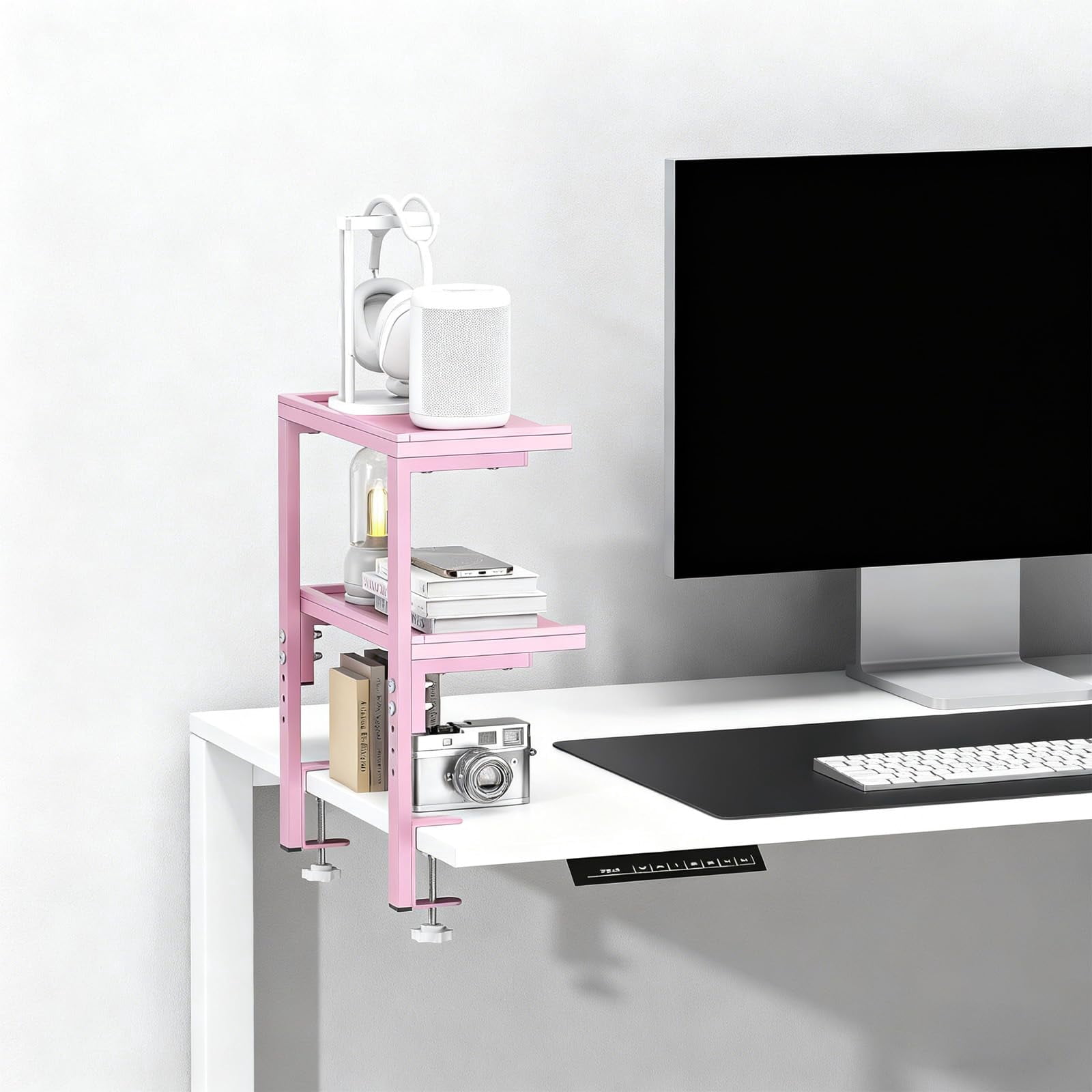 2-tier Desk Shelf  Expandable Under Storage Clamp On Desktop Accessories For Offices Study Rooms And Game (pink)