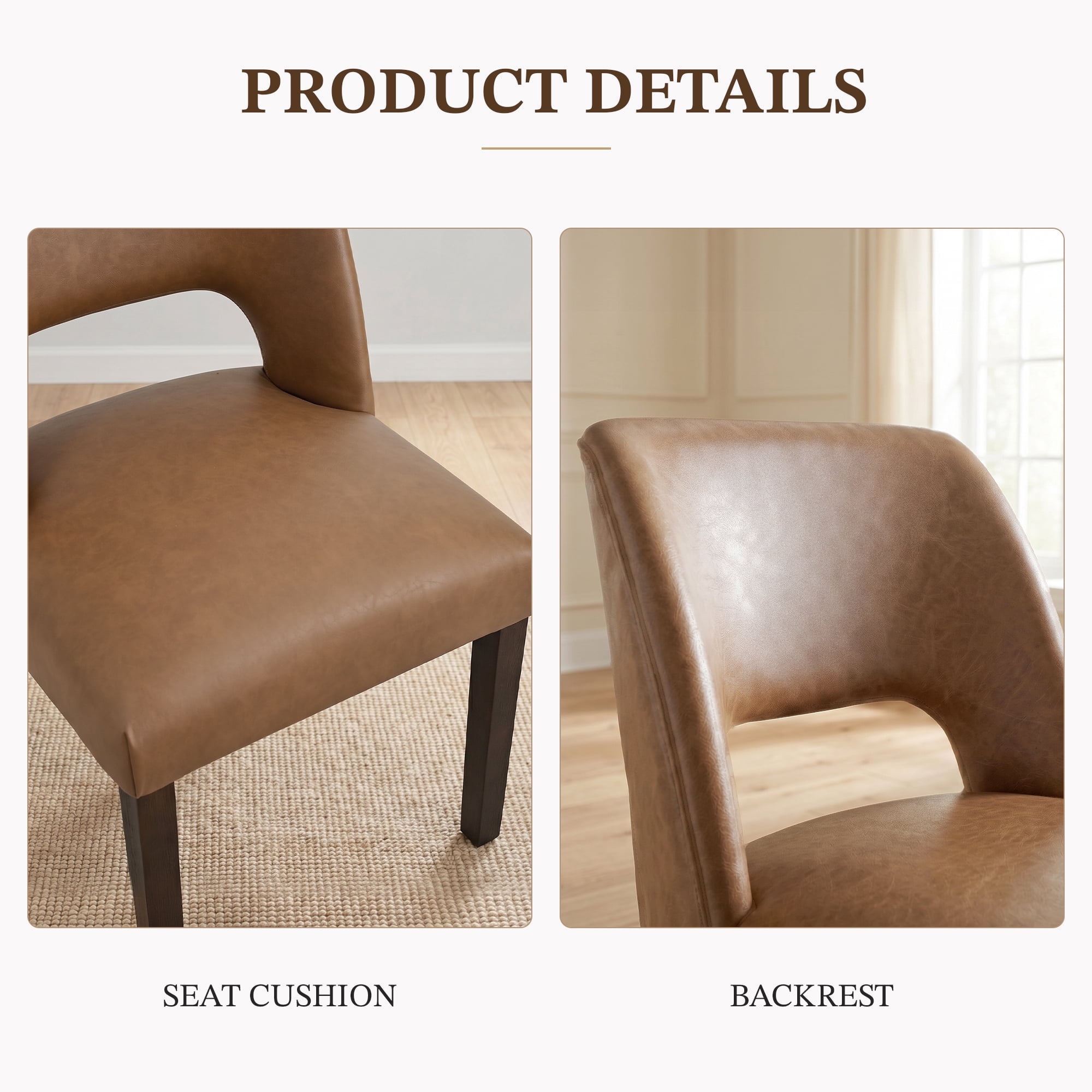 VKNOW Faux Leather 20.7" W Upholstered Dining Chairs Set of 6, Thick Foam Cushion Kitchen & Dining Room Chairs with Solid Wood Legs, Brown