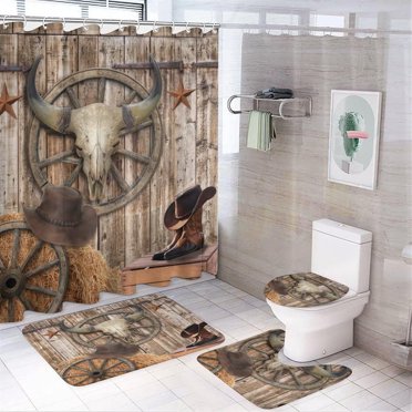 Retro Cow Skull 4 Pieces Shower Curtain Set,Rustic Farmhouse Western Cowboy Geometric Plaid Print Non-Slip Rugs Toilet Lid Cover Bath Mat and Bathroom Curtain