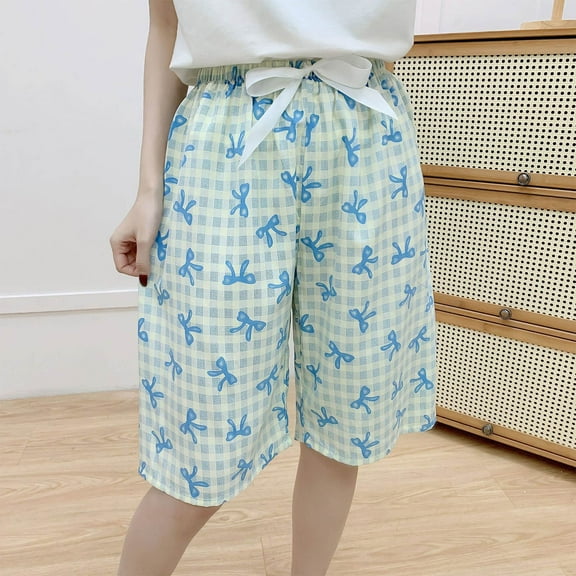 Ndbuld Women's Bermuda Shorts Jersey Shorts with Deep Pockets Women's Printed Shorts Thin Casual Sleepwear Shorts Home Shorts Sports Wearable Shorts Blue Free Size