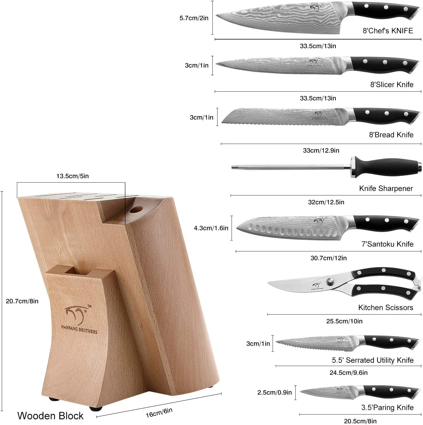 Nanfang Brothers NF-D0601T Silver Black 9 Piece Kitchen Knife Set With Block