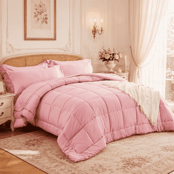 YEPCLUB Twin Size Comforter Set, 5-Piece Bed in a Bag, Ultra Soft Reversible All Season Bedding Set with Sheets, Pillowcase & Sham, Pink