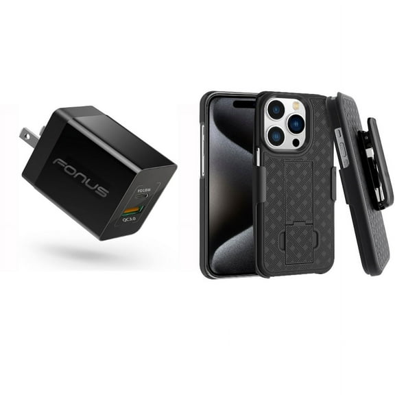 Case Belt Clip & Fast Home Charger for iPhone 15 Pro - Holster Swivel Cover Kickstand and 36W 2-Port USB Type-C Port Travel W5O for iPhone 15 Pro (6.1")