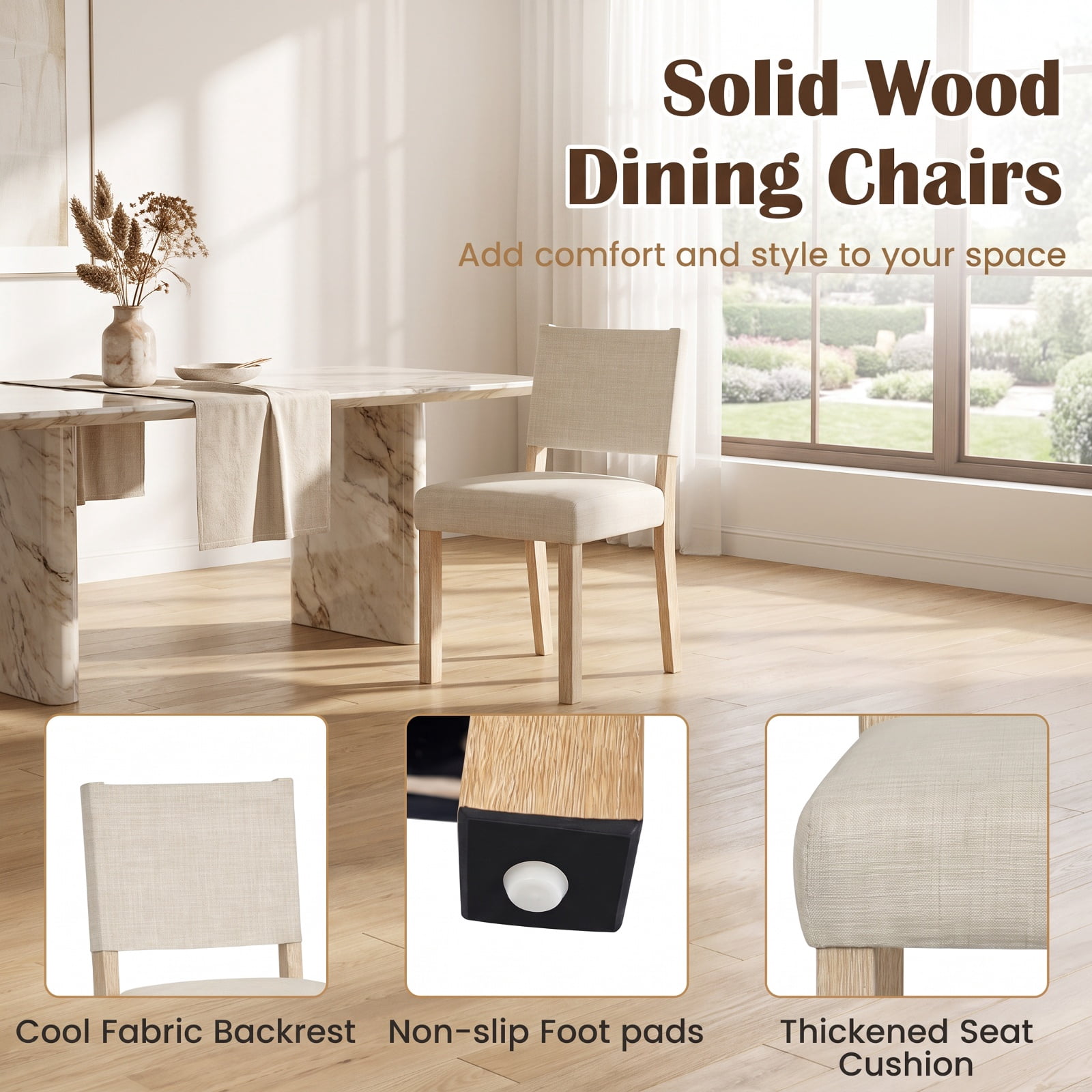 Furnibear Upholstered Dining Chairs with Solid Rubber Wood Legs Set of 2 for Kitchen Dining Room Living Room Home, Beige