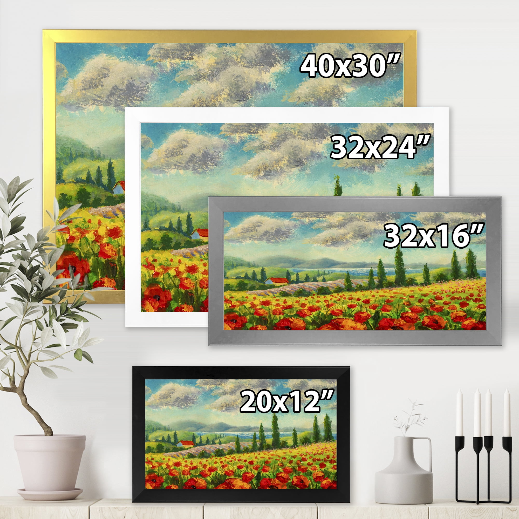 Designart 'Beautiful Landscape With Poppies Flowers By Riverside' Traditional Framed Art Print
