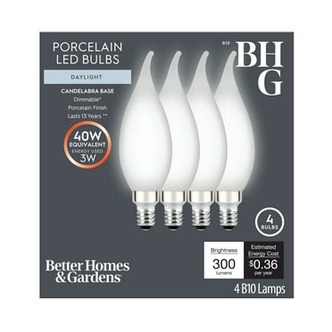 BHG B10 Vintage LED Light Bulb, 40W Daylight Porcelain, Bent Tip, E12, Dim, 4 Pk