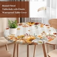 thumbnail image 4 of Orange Fall Round Tablecloth, Fitted Table Cover with Elastic for 45"-54" Round Tables, Thanksgiving Pumpkins Sunflower Striped Table Cloth Outdoor Indoor Dinning Party Waterproof Tablecloths, 4 of 7