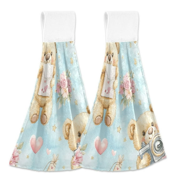 BZSMCE Hanging Hand Towels Fashion Sweetheart Bears with Flowers Pattern 2-Pack - Velcro Style Bathroom Kitchen Towels