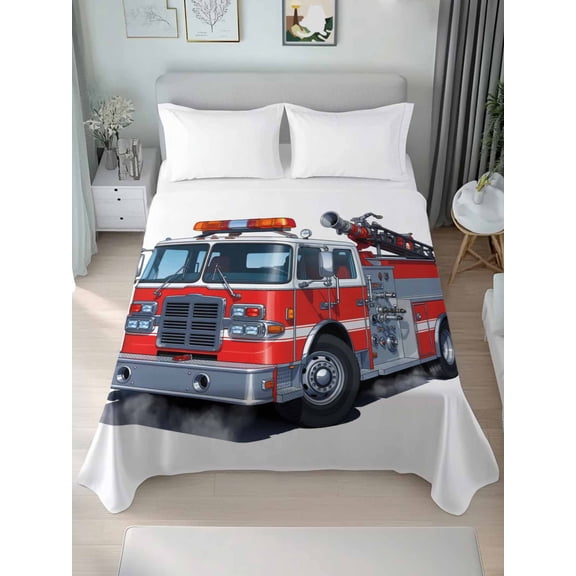 Fire Trucks Queen Size Flat Sheet, Wrinkleproof & Fadeproof Cooling Flat Bed Sheet Only, Modern Cartoons Vehicles Breathable Soft Bedding Top Sheets 90 x 102 Inches