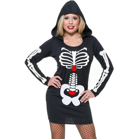 Adult Womens Skeleton Hearts Print Black Sweatshirt Hoodie Dress X-Small 3-5