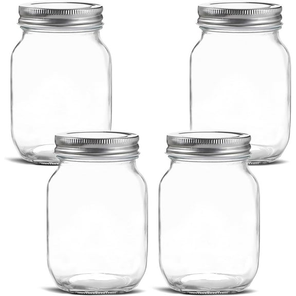 Glass Regular Mouth Mason Jars, 16 oz Clear Glass Jars with Silver Metal Lids (4 PACK)