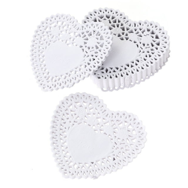 Miangastore 250Pcs 4 Inch Wedding Tableware Decoration Hollow Love Heart Placemats Oil Proof Floral Paper Doilies Cake Baking Paper Mats (White)