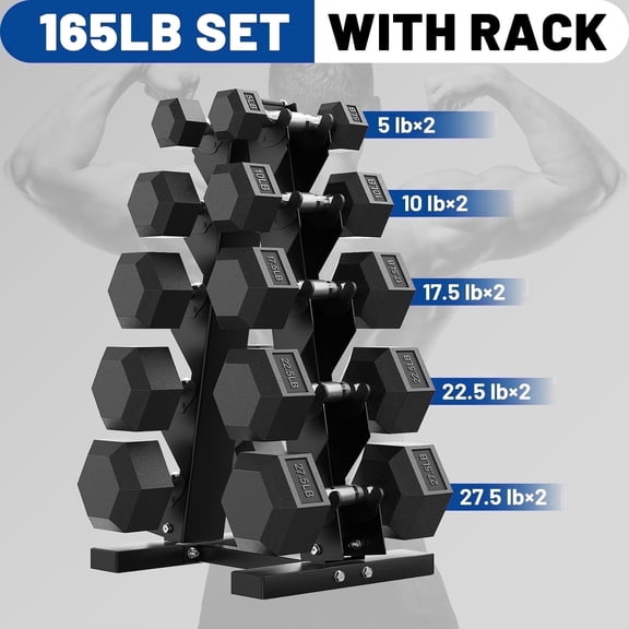 ROALW 65 LB Rubber Hex Dumbbell Set with Rack(5-27.5 LB Pairs), Home Gym
