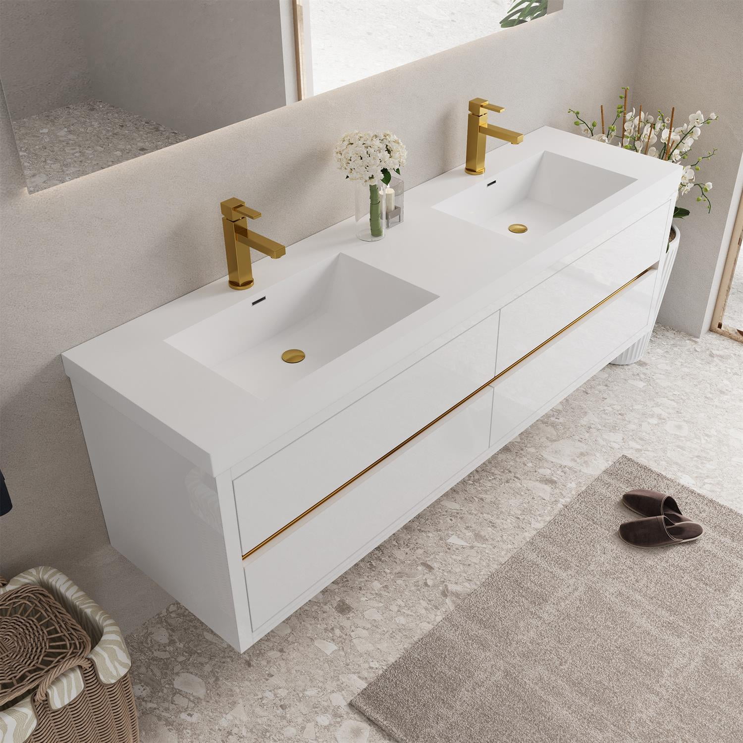 Demi Bonn 70" Wall-Mounted Bathroom Vanity with Sink, Stone Resin Countertop and 4 Soft Close Drawers, Faucets and Drains Not Included, White