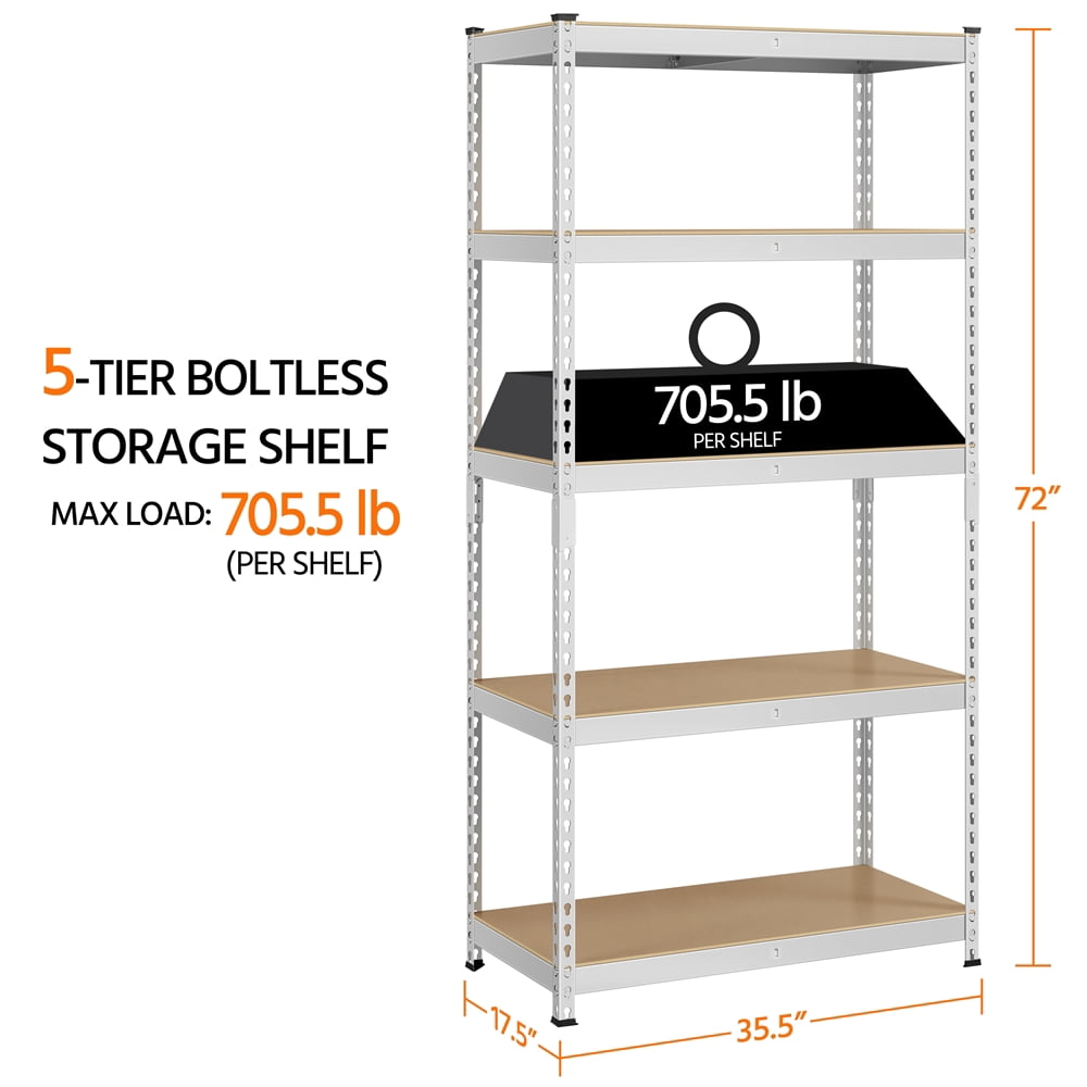 Yaheetech 5 Tiers Adjustable Metal Storage Shelving Heavy Duty Boltless Display Stand, Silver