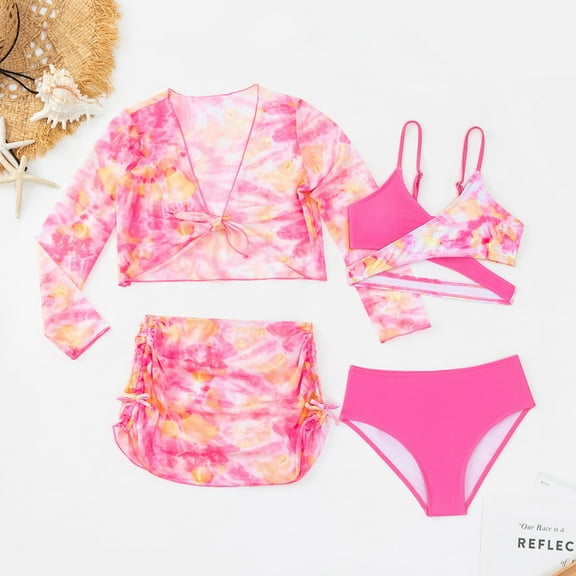 Girl's 4 Piece Swimsuits Tie Dye Bikini Set Bathing Suits with Mesh Skirt Girls Swim Suits Size 11-12