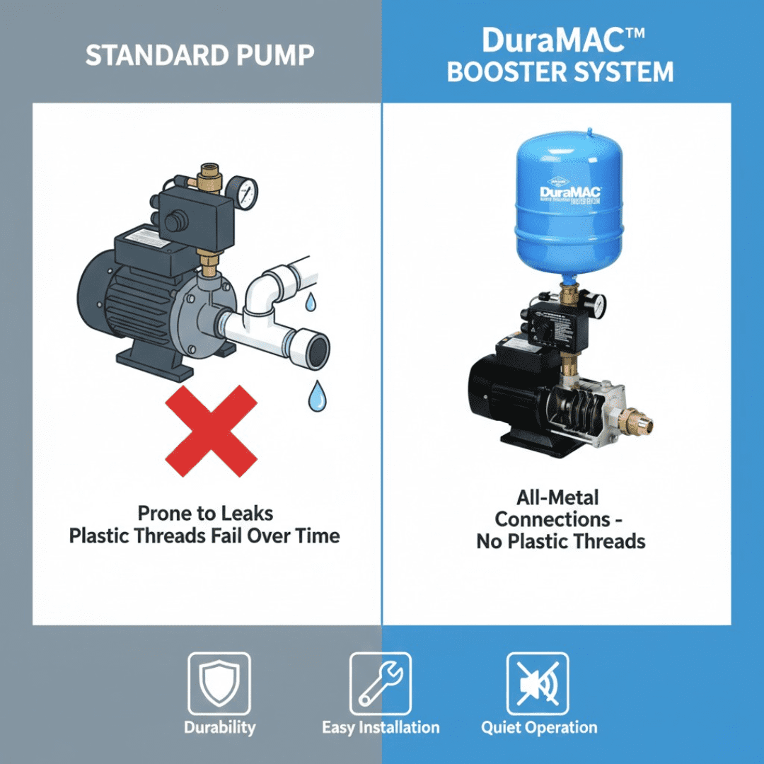 DuraMAC Residential Booster Pump Water Pressure System 35 PSI 120 V 1/2HP Model 17035R020PC1, Water Pressure Booster with 1″ Inlet/Outlet, No-Lead Brass Stainless Steel Components