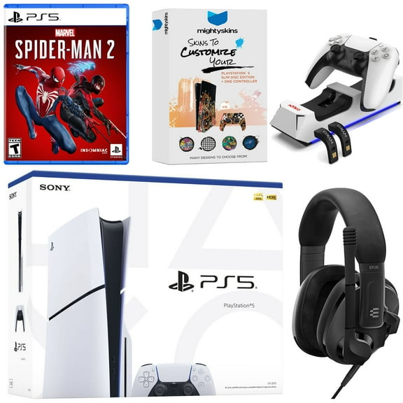 Sony PlayStation 5 Slim Disc Bundle with Spider-Man 2, EPOS Headset, Charging Dock and MightySkins Code