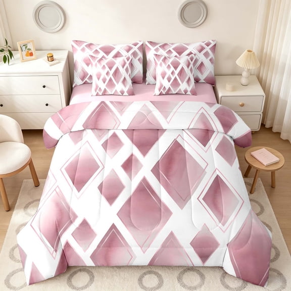 Manfei Watercolor Diamond Geometric Twin Bedding, Rose Gold Metalic Bedding Comforter Set, Pink White, Pink Reversible 7-Piece