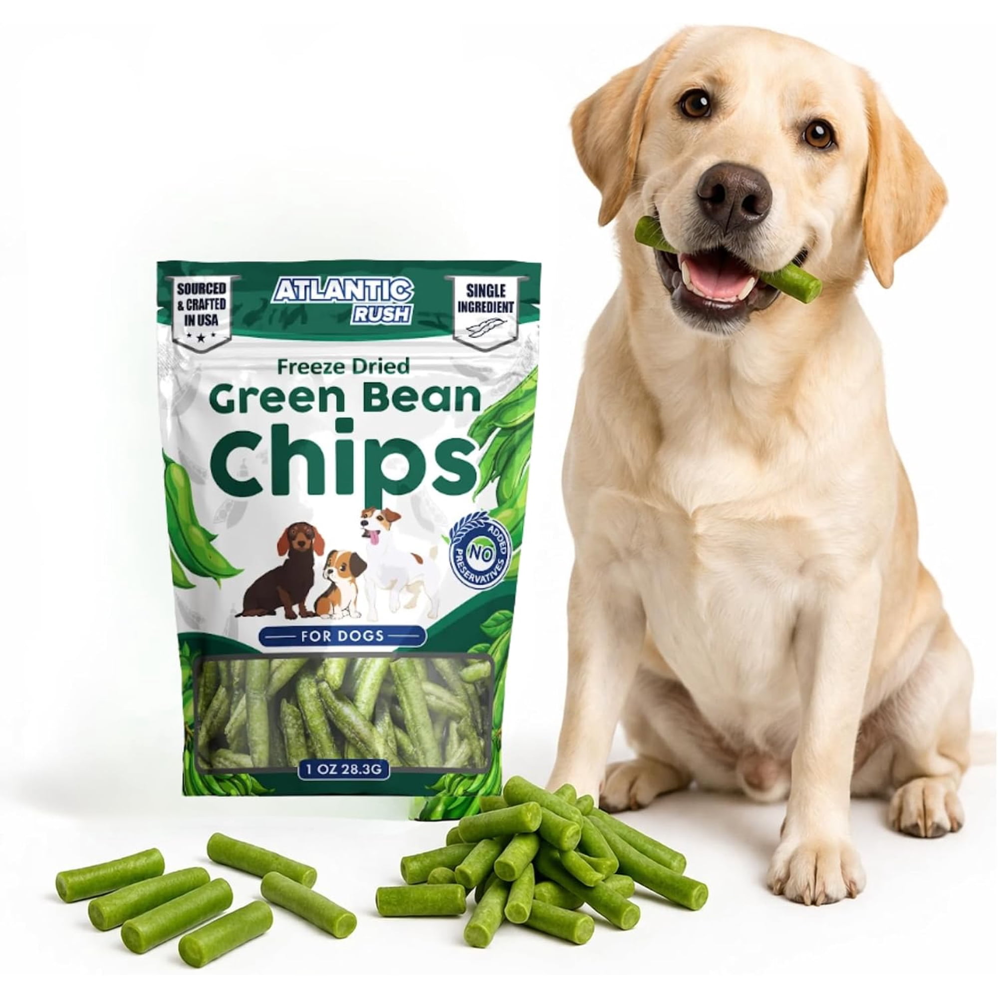 Freeze Dried Green Bean Chips for Dogs- 1oz Resealable Bag of Dried, Green Crispy Beans- Single Ingredient, No Salt or Canola Oil- Crispy, Shelf Stable - Sourced & made in USA (1 oz Bag)