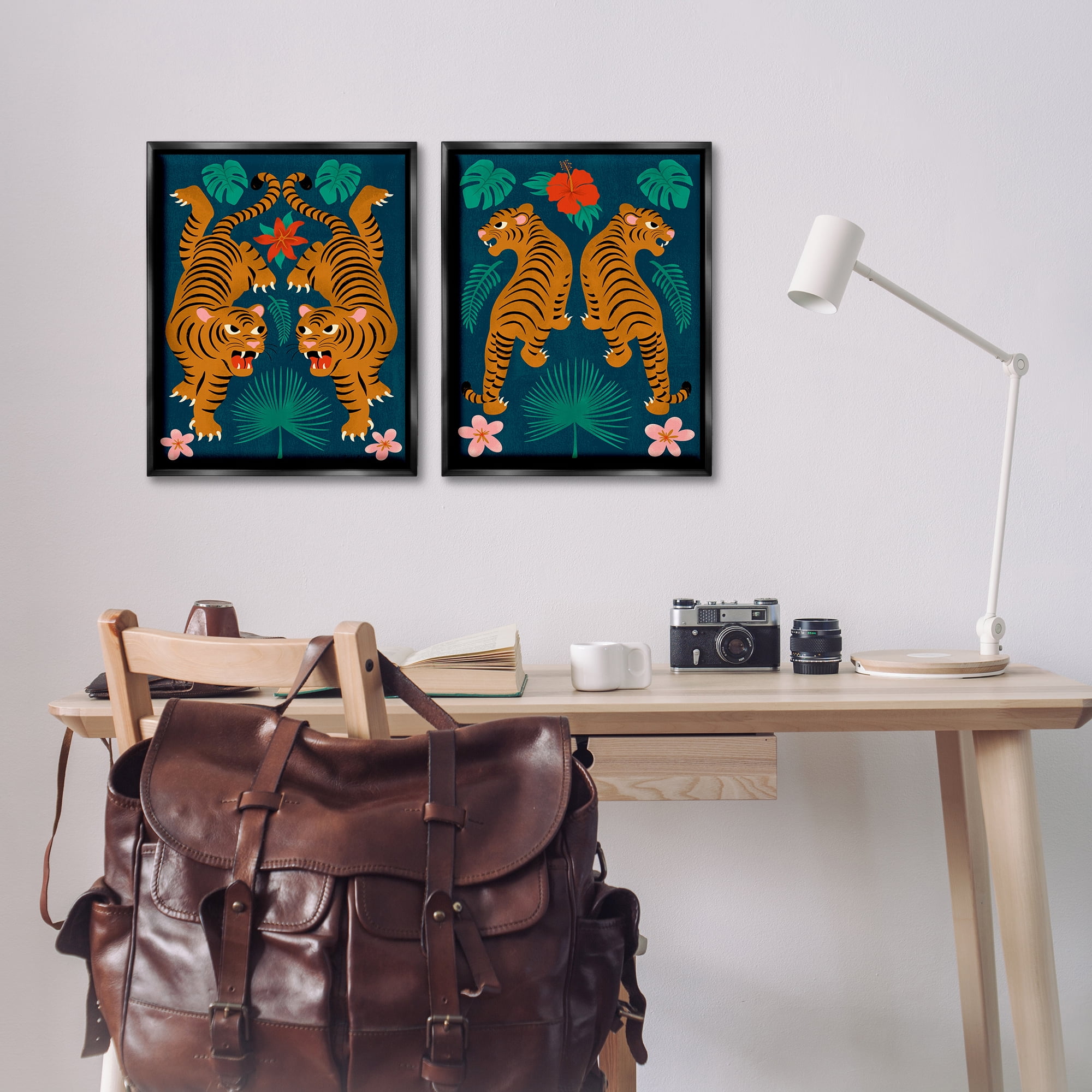 Stupell Industries Twin Jungle Tigers Animals Painting Black Floater Framed Canvas Art Print Wall Art, 17 x 21, Set of 2