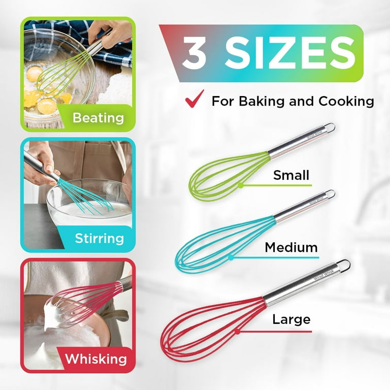 Silicone Whisk Set of 3 - Silicone Whisks for Cooking Non-Scratch – Silicone Whisk Set - Hand Whisk - Wisk - Metal Whisk - Small Whisk - Mini Whisk