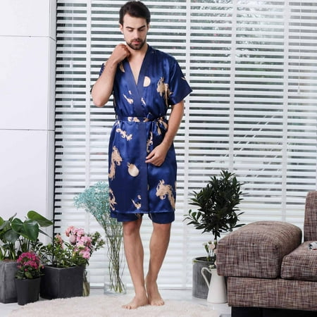 

Cardigans For Women Plus Size LAWOR Uni Imitation Silk Nightgown Spring Andsummer Thin Short Sleeve Cardigan Blue Xxxl