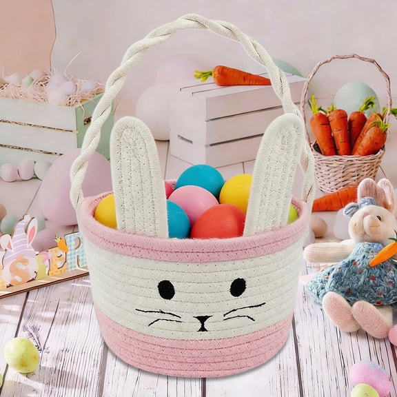 Easter Basket Braided Cotton Rope Build Bunny Ear Handle Design Color Matching Rabbit Face Pattern Hand Basket for Eggs Storage Container