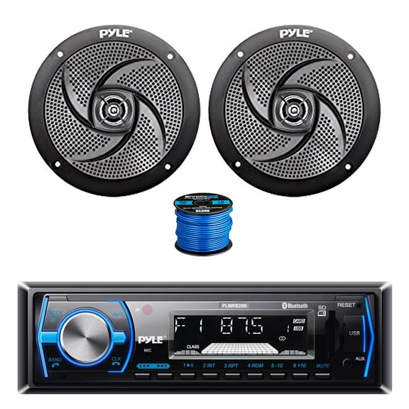 Pyle PLMRB29B Single DIN Bluetooth MP3 In-Dash Stereo Receiver, 2x 5.25" 180 Watt 2-Way Slim Low Profile Audio Speakers (Black) w/ Wire