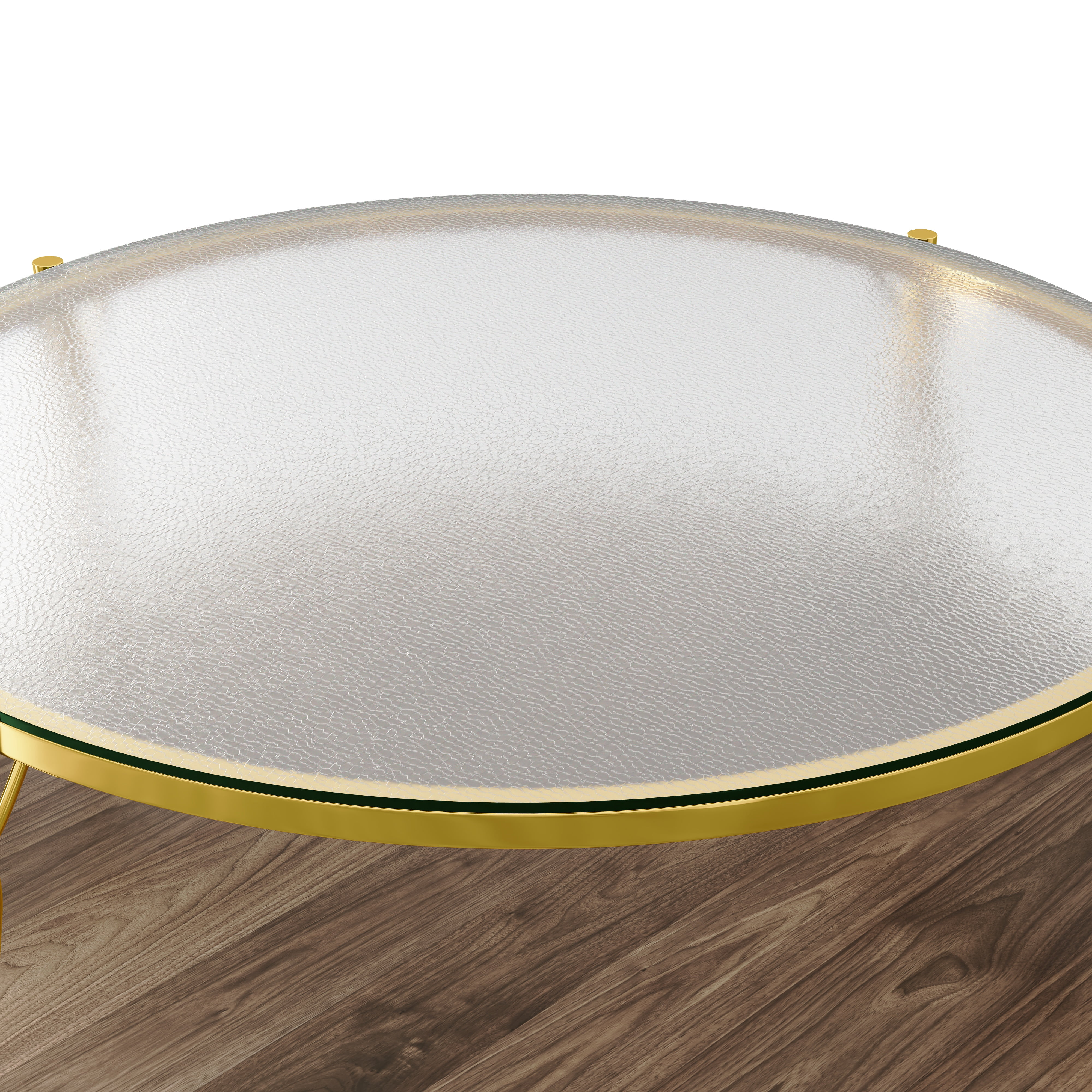 TesNus Modern Round 2-Tier Coffee Table with Glass Top, 29.9" Walnut Accent Table with Gold Metal Base for Living Room